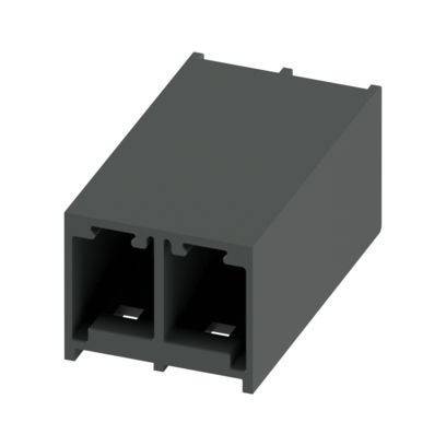 Eine 3D-Darstellung eines dunkelgrauen modularen Elektrosteckverbinder-Blocks mit zwei quadratischen Schlitzen, entwickelt zum Untererbringen und Organisieren mehrerer Kabel.