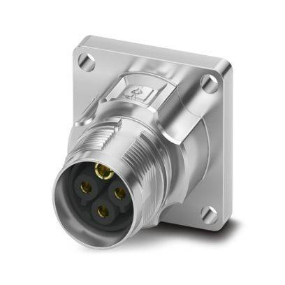 Ein silberner, fünfpoliger Elektrostecker mit einer quadratischen Montageplatte, von vorne betrachtet, wobei sein metallisches Design hervorgehoben wird.
