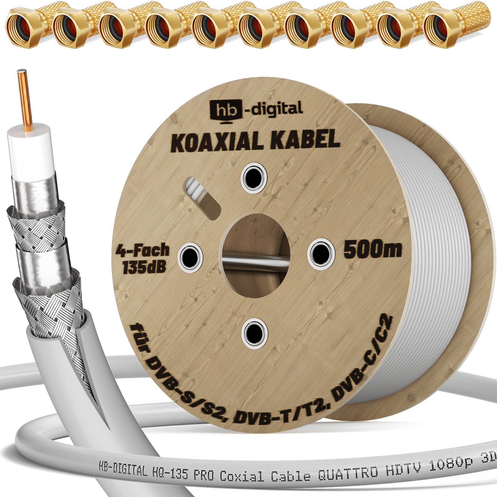 hb-digital 500m Koaxialkabel HQ 135dB 4-Fach Stahl Kupfer weiß + 100 F-Stecker