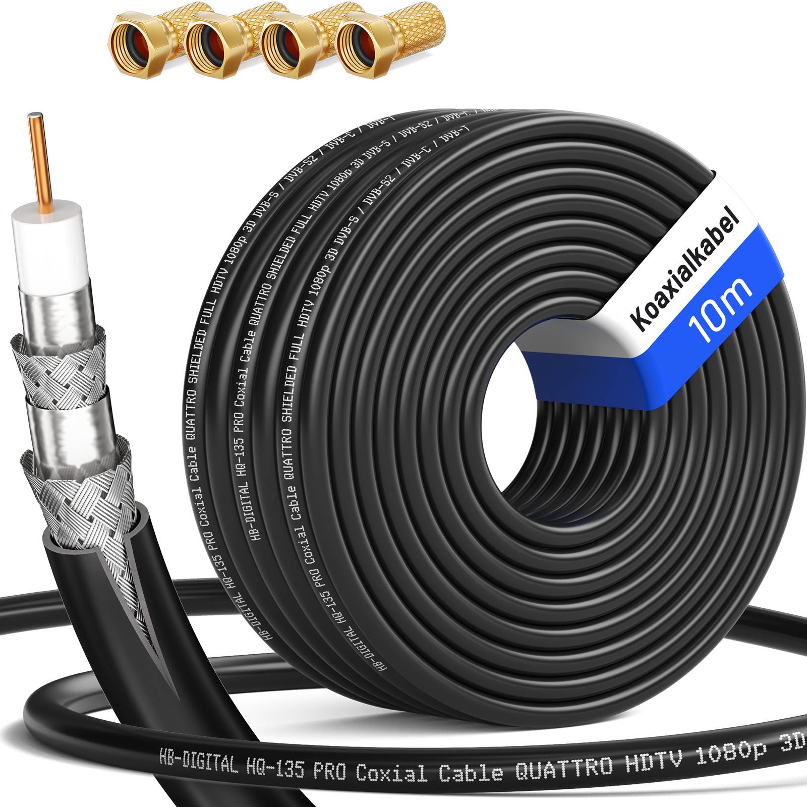 hb-digital 10m Koaxialkabel HQ 135dB 4-Fach Stahl Kupfer schwarz + 4 F-St