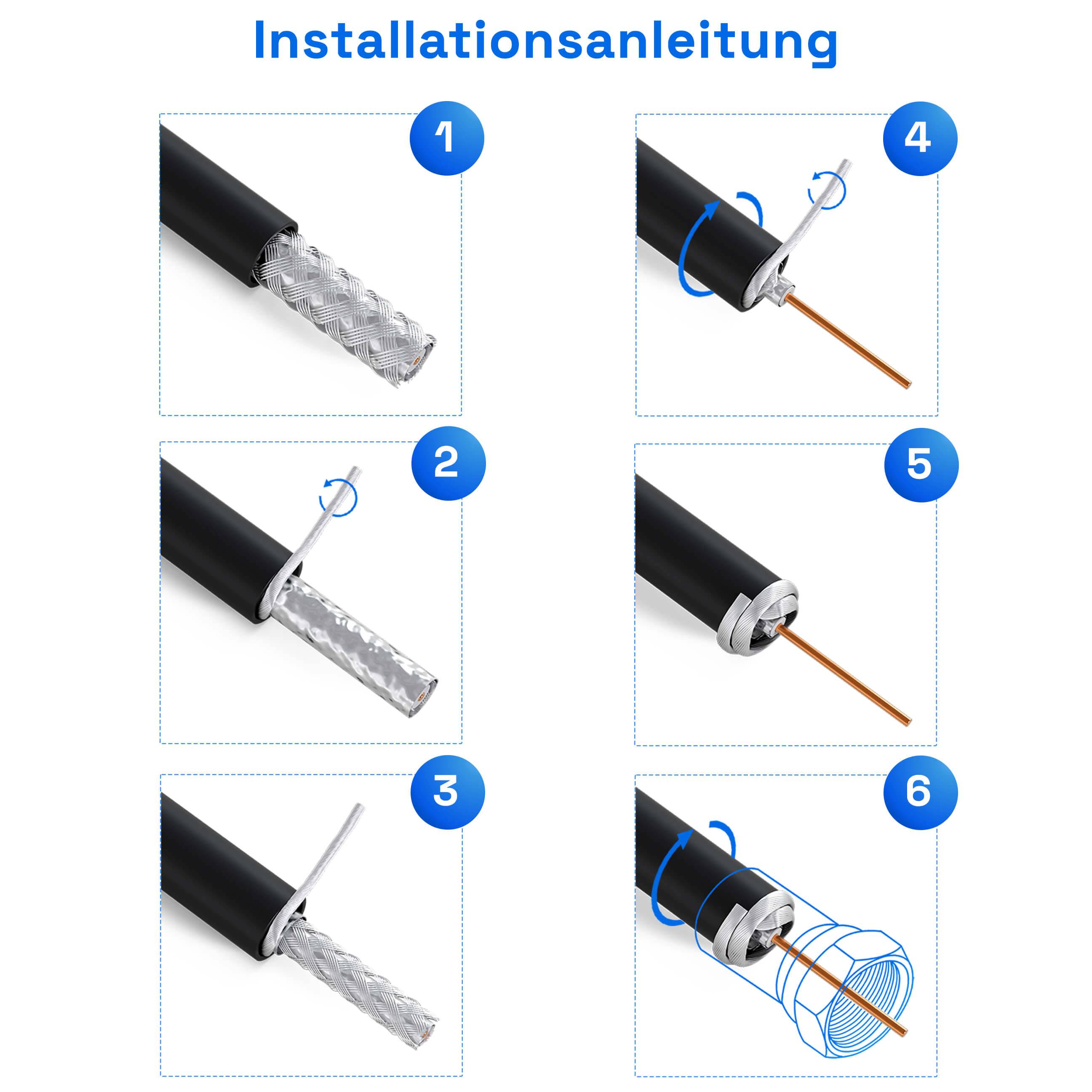 hb-digital 15m Koaxialkabel HQ 135dB 4-Fach geschirmt Stahl Kupfer Außen Durchmesser 7mm schwarz + 4 F-Stecker