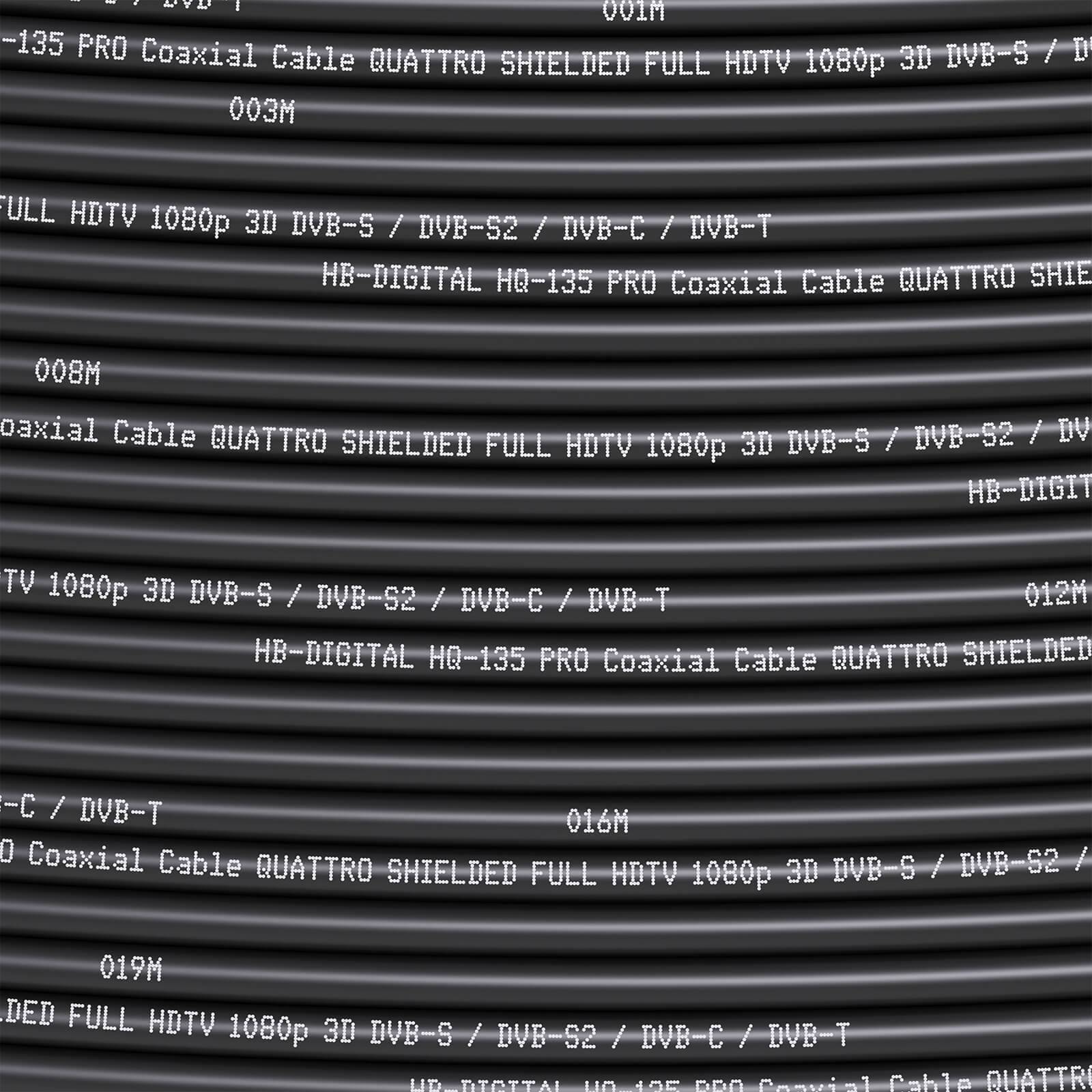 hb-digital 15m Koaxialkabel HQ 135dB 4-Fach geschirmt Stahl Kupfer Außen Durchmesser 7mm schwarz + 4 F-Stecker