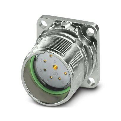 Ein metallischer kreisförmiger Steckverbinder mit mehreren Stiften, der zum Verbinden von elektrischen Geräten verwendet wird, dargestellt mit einem vierlochmäßigen Befestigungsflansch.