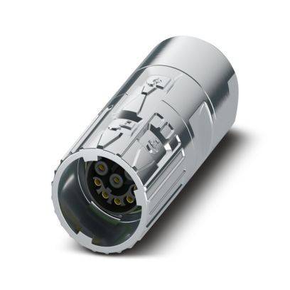 Ein silberner Elektrostecker mit mehreren Steckkontakten, wahrscheinlich für Verbindungen in Industrie- oder Elektronikgeräten verwendet.
