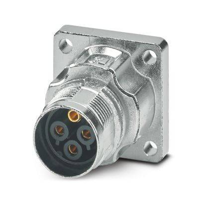 Metallischer Steckverbinder zur Paneelmontage mit mehreren Kontaktstiften und quadratischer Grundfläche, entwickelt für sichere elektrische Verbindungen in Industrieanwendungen.