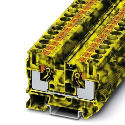 Ein Klemmenblock mit einem einzigartigen gelb-schwarzen Marmorierungsmuster, der mehrere Anschlusspunkte für elektrische Leitungen aufweist.