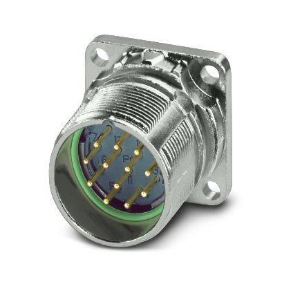 Metallischer rundelektrischer Stecker mit mehreren goldenen Stiften und einem quadratischen Befestigungsflansch