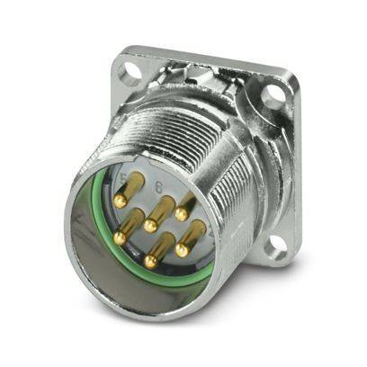 Ein industrieller Rundsteckverbinder mit mehreren Goldkontakten in einem metallischen Gehäuse, der zur sicheren elektronischen Verbindung verwendet wird.