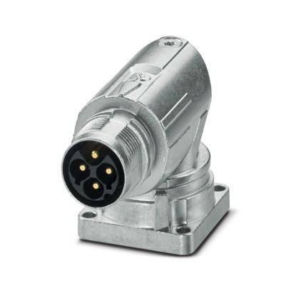 Ein metallischer, abgewinkelter elektrischer Stecker mit drei sichtbaren goldenen Kontakten, die in einem kreisförmigen Kopf eingefasst sind, auf einer quadratischen Basis montiert.