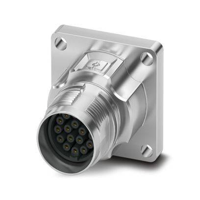 Ein metallischer Mehrpin-Stecker, der auf einer quadratischen Montagebasis befestigt ist und mehrere kreisförmige Stifte im Steckergehäuse aufweist.