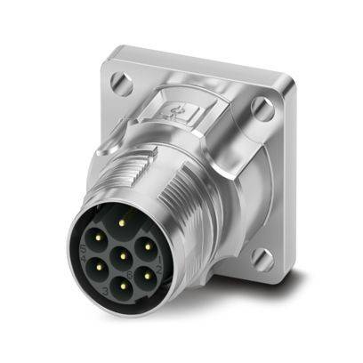 Metallischer siebenpoliger Rundstecker mit quadratischer Montagebasis, entworfen für industrielle Anwendungen, dargestellt in einer Perspektivansicht.