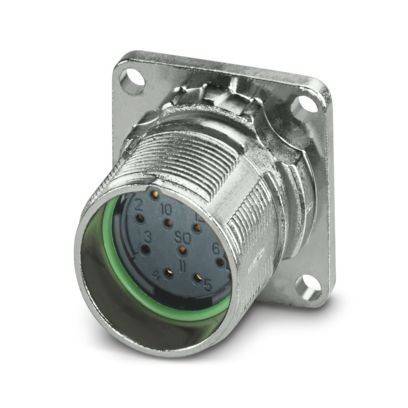 Metallischer elektrischer Stecker mit mehreren Stiften, konzipiert zur Montage auf einer ebenen Oberfläche. Kreisförmige Schnittstelle mit nummerierten Kontakten.