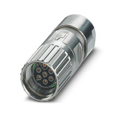 Ein zylindrischer Metallstecker mit mehreren Stiften, der zum Verbinden von Kabeln in elektronischen oder industriellen Geräten verwendet wird.