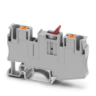 Ein grauer Klemmblock mit zwei orangefarbigen Anschllusspunkten und einem roten Sperrhebel, der zum Befestigen von Elektrokabeln in einem Stromkreis verwendet wird.