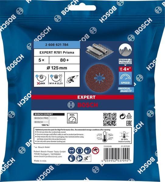 Das Bild zeigt die Verpackung der Bosch Expert R781 Prisma Schleifscheiben. Es handelt sich um 125 mm Scheiben mit 80er Körnung, kompatibel mit M14 x 2.2/3 Winkelschleifern.