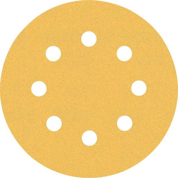 Eine runde, gelbe Schleifscheibe mit acht gleichmäßig verteilten Löchern.