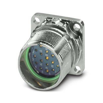Ein metallischer kreisförmiger Industriestecker mit mehreren Kontaktstiften, entworfen für sichere und stabile elektrische Verbindungen, montiert auf einer quadratischen Basis.