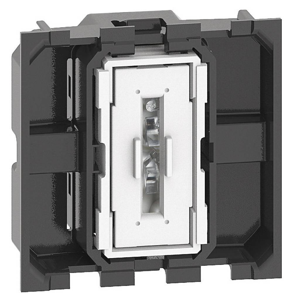 Ein schwarzer und weißer elektrischer Lichtschalter, von vorne gezeigt, umgeben von einer rechteckigen Montageblende.