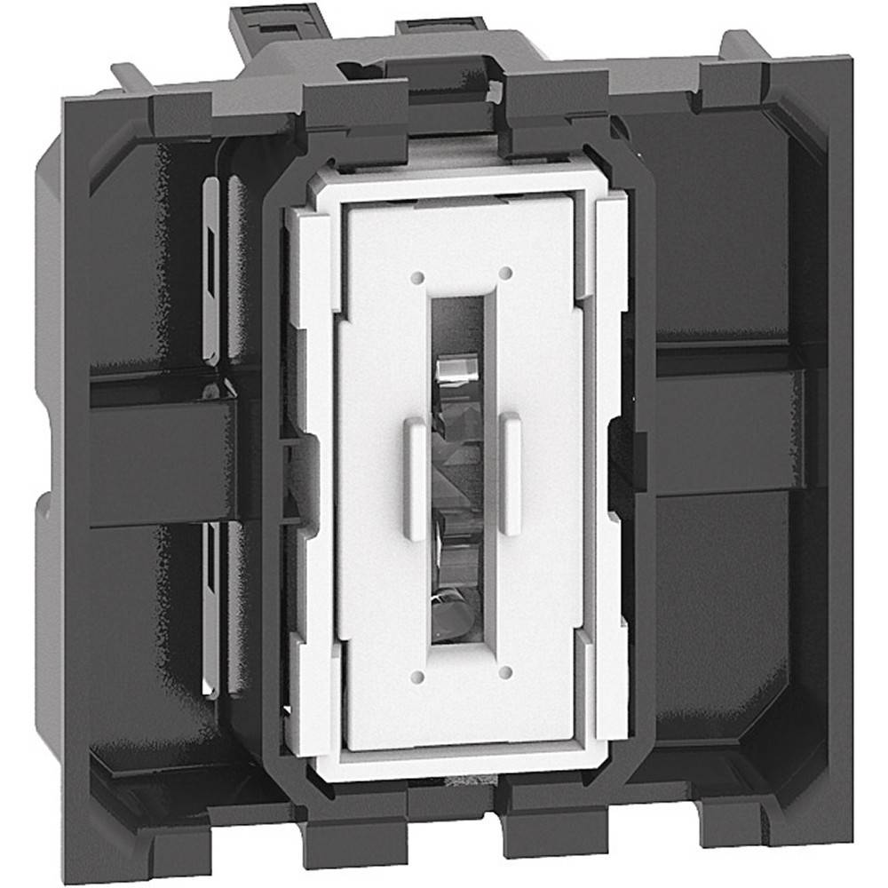 Eine rechteckige schwarze und weiße elektrische Schalterkomponente mit einem zentralen Umschaltemechanismus, die für den Einbau in einem elektrischen System konzipiert ist.