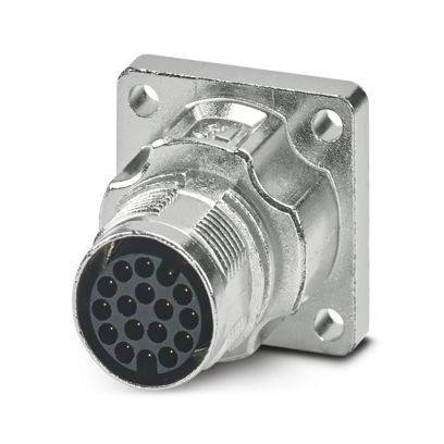 Ein runder Metallstecker mit mehreren Stiftlöchern, montiert auf einer quadratischen Platte mit vier Schraubenlöchern, entworfen für elektrische Verbindungen.