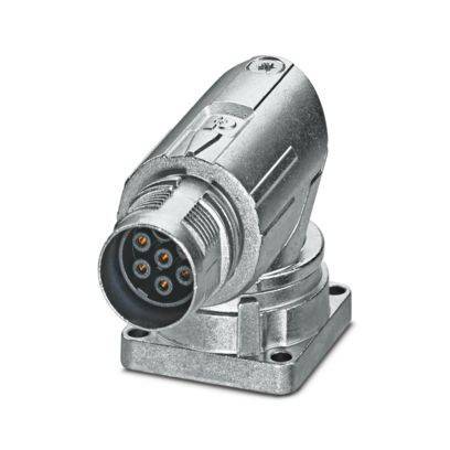 Metallischer, gewinklter Elektrostecker mit fünf kreisförmigen Buchsenlöchern, auf einer Basis montiert, geeignet für Industrieanwendungen.
