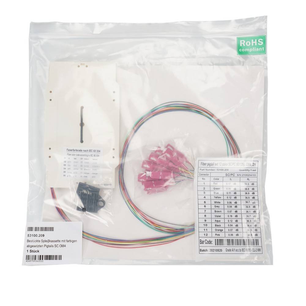 Eine Plastikverpackung enthält verschiedene kleine elektronische Komponenten, darunter farbige Kabel, Anschlüsse und ein schwarzes Gerät, das mit 