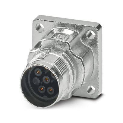 Ein Metallkreisanschluss mit quadratischem Flansch und vier sichtbaren Stiften, typischerweise für industrielle oder Audioanwendungen verwendet.