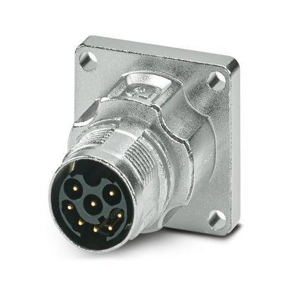 Ein metallischer fünfpoliger Elektrostecker auf einer quadratischen Basis, konzipiert für sichere Kabelverbindungen in Industrie- oder Elektronikgeräten.