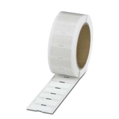 Eine Rolle weißer RFID-Etiketten in linearer Anordnung, verwendet zur Verfolgung und Bestandsverwaltung.
