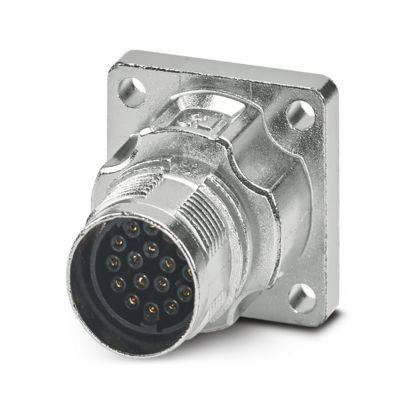 Ein silberner zylindrischer Elektrostecker mit mehreren Stiften ist auf einer quadratischen Grundplatte mit vier Schraubenlöchern montiert.