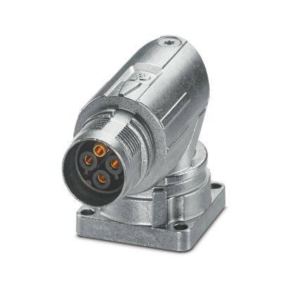 Ein metallischer Mehrpin-Stecker mit Winkelbefestigung auf einer Basis, häufig für Industrie- oder Schwerlastanwendungen verwendet.