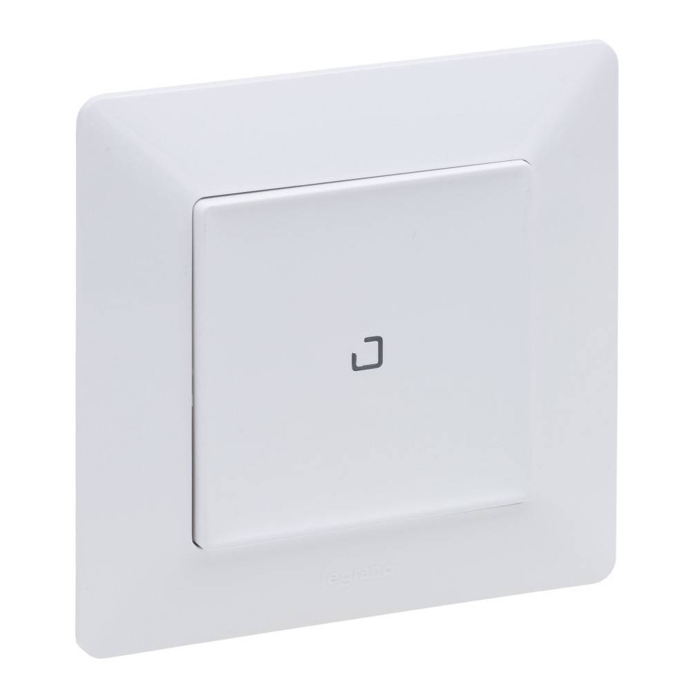 Ein weißer quadratischer Lichtschalter mit minimalistischem Design, der in der Mitte ein kleines quadratisches Symbol aufweist.