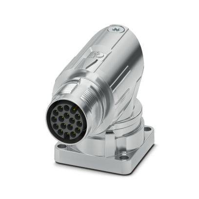 Abgewinkelter Silber-Kabelstecker mit 12 Stiften, für die Montage ausgelegt; verfügt über ein robustes Metallgehäuse für sichere elektrische Verbindungen.