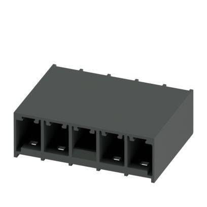 Ein grauer, fünfpoliger Elektrostecker mit einer schrägansicht, die rechteckige Öffnungen zur Drahteinführung zeigt.