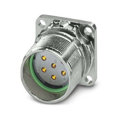 Eine Nahaufnahme eines sechspoligen Elektrosteckers mit metallischem Gehäuse und Befestigungslöchern, die nummerierte Stiftpositionen zeigt.