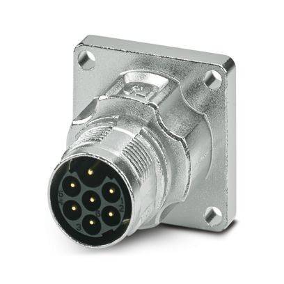 Ein metallischer, quadratisch geformter Stecker mit einem kreisförmigen Querschnitt, der mehrere Stifte aufweist und typischerweise für elektrische Verbindungen verwendet wird.
