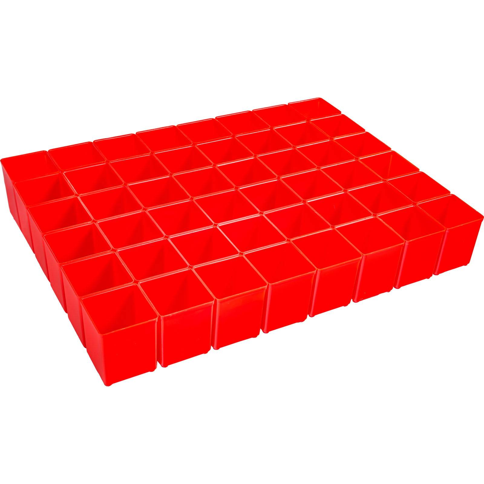 Roter Kunststoff-Aufbewahrungsorganizer mit 50 kleinen Fächern, geeignet zum Aufbewahren verschiedener kleiner Gegenstände oder Werkzeuge, in einem 5 x 10 Raster angeordnet.