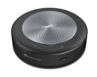 Schwarzes tragbares rundes Lautsprechertelefon mit perforiertem silbernem oberen Gitter und Bedienungstasten rund um die Kante.