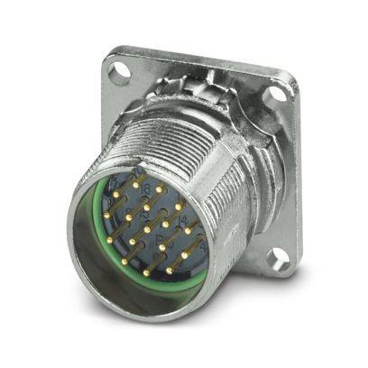 Metallischer kreisförmiger Stecker mit mehreren goldenen Kontakten, verwendet für industrielle und elektronische Anwendungen.