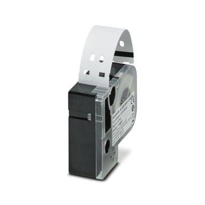 Ein schwarzer und transparenter Elektrostecker mit einem weißen Montagestecker oben, mit zwei Anschlüssen und Spezifikationen auf der Seite aufgedruckt.