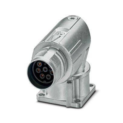 Ein silberner, abgewinkelter Industrie-Stecker mit mehreren Stiften, wahrscheinlich für schwere elektrische Verbindungen verwendet, wird auf weißem Hintergrund gezeigt.