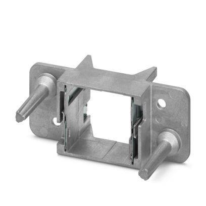 Eine Metallmontageklammer mit zwei vorstehenden Stiften auf jeder Seite und einer zentralen rechteckigen Aussparung zum Befestigen eines anderen Objekts.