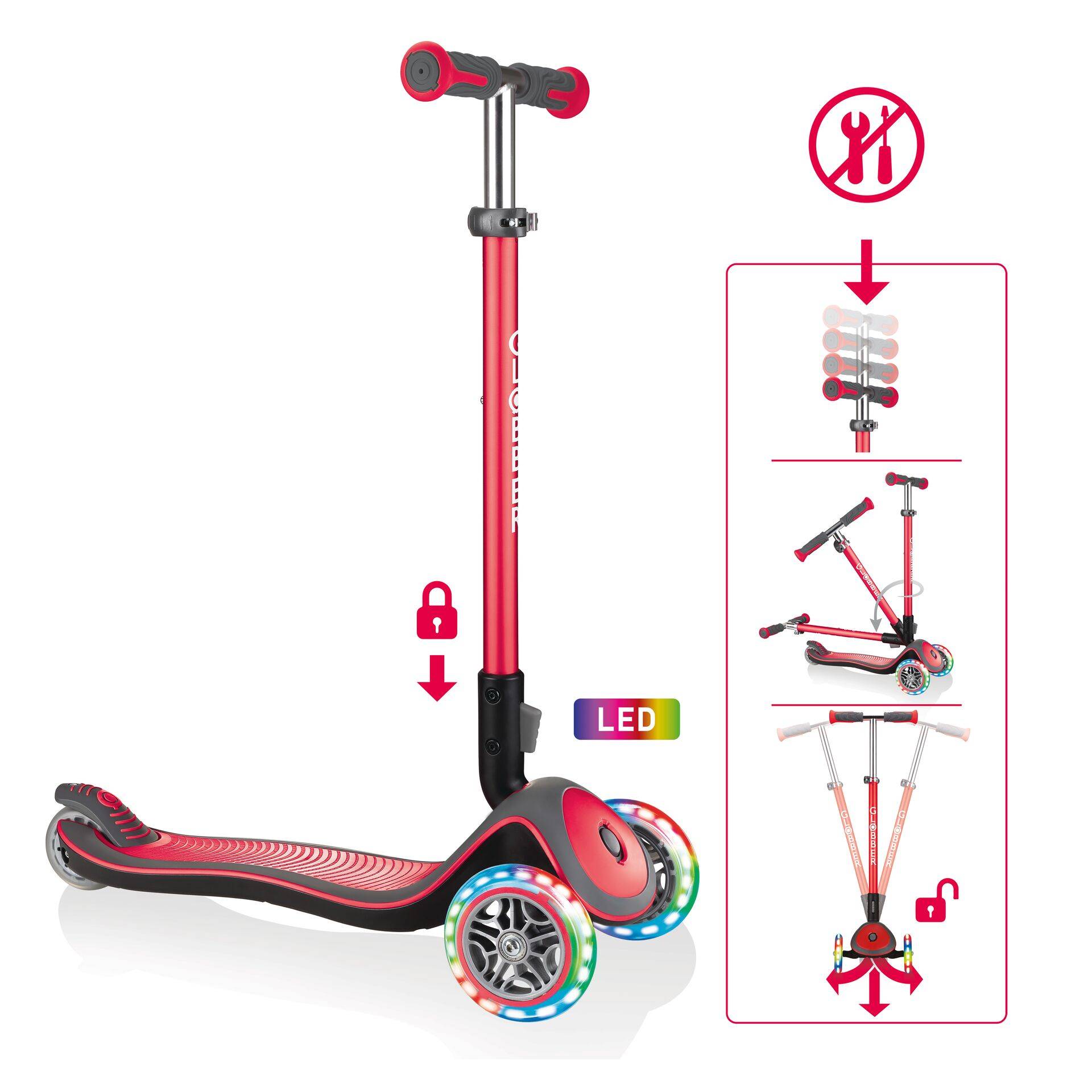 GLOBBER ELITE DELUXE LIGHTS – Tretroller Kinder, 120/80 mm, ABEC 5, 3-rädrig, höhenverstellbar, LED-Rollen, rot