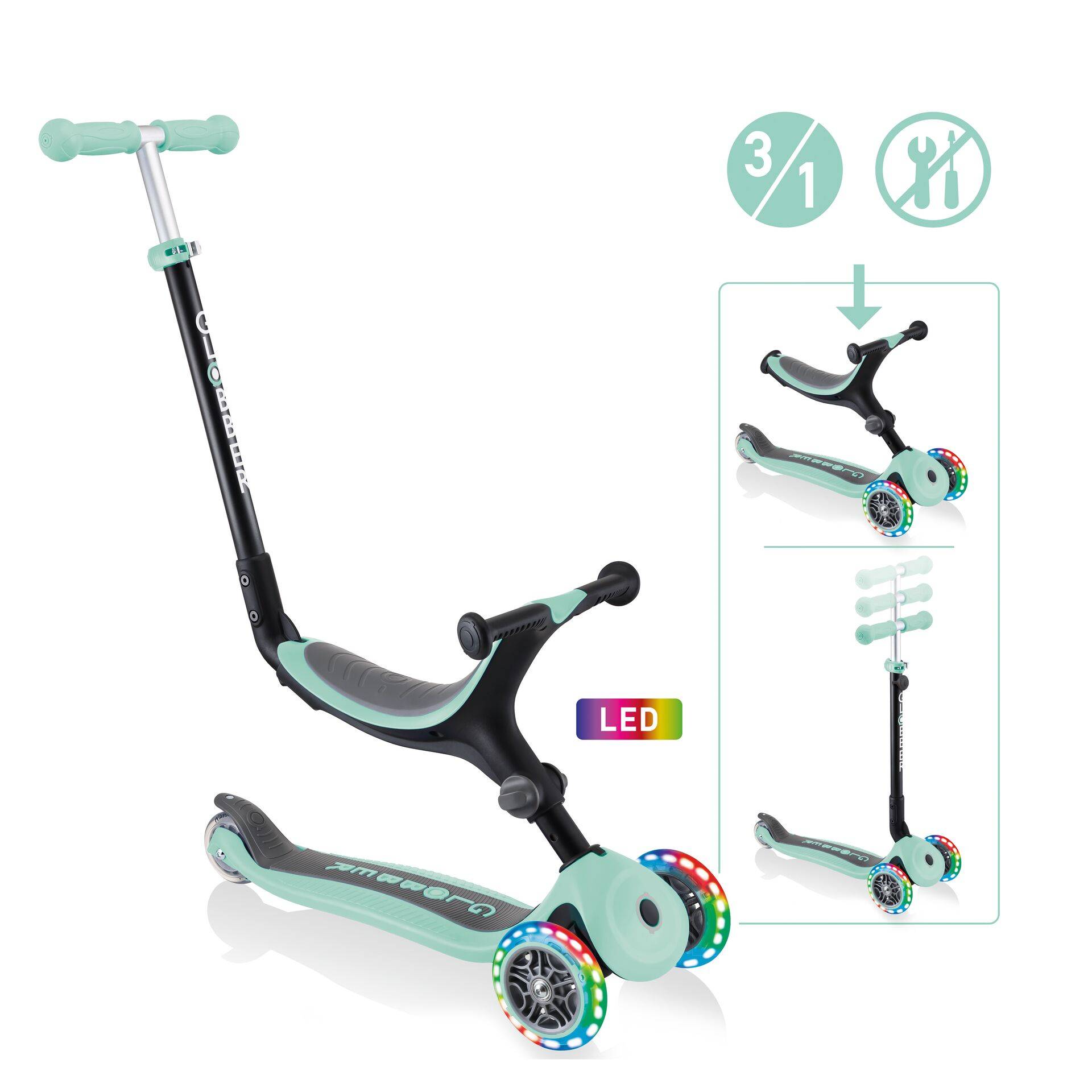 GLOBBER GO-UP FOLDABLE LIGHTS – 3 in 1 Dreirad, 120/80 mm, ABEC 5, 3-rädrig, höhenverstellbar, LED-Rollen, mint