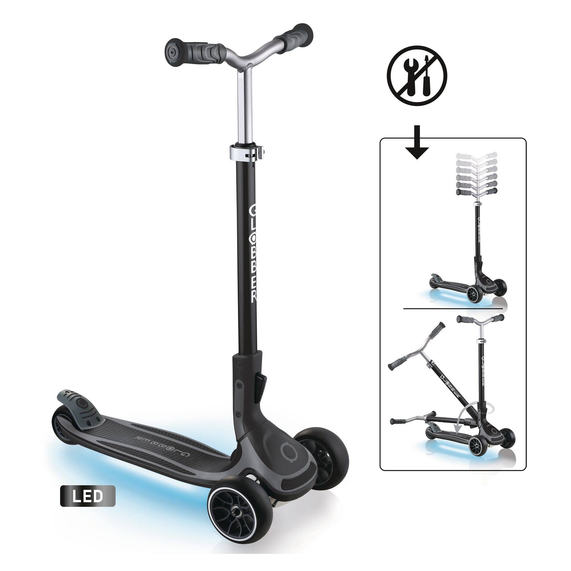 GLOBBER ULTIMUM LIGHTS – Tretroller, 125/90 mm extra breit, ABEC 7, 3-rädrig, höhenverstellbar, LED-Leuchtmodul, grau