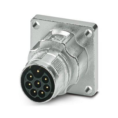 Ein metallischer, quadratischer Panelmontage-Stecker mit einer kreisförmigen, 7-poligen Buchse für elektrische Verbindungen.