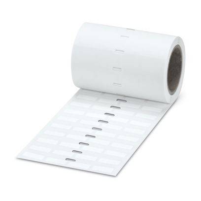 Eine Rolle weißer Etiketten mit rechteckigen Formen, teilweise abgewickelt, mit gleichmäßig verteilten Perforationen zum einfachen Abreißen.