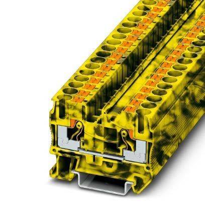 Ein gelber und schwarzer industrieller Klemmenblock mit mehreren Anschlussplätzen, der für die Organisation und Verbindung von elektrischen Kabeln konzipiert ist.