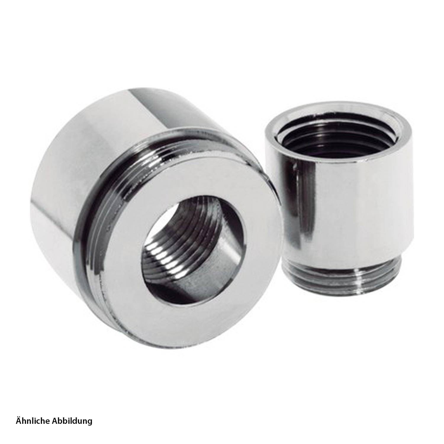 Zwei metallfarbene Zylinderstecker mit Innengewinde, einer größer und einer kleiner, für Sanitär- oder industrielle Anwendungen konzipiert.