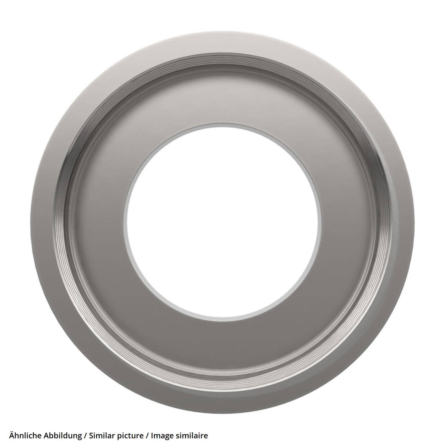 Ein grauer, kreisförmiger Metallrahmen mit einer großen zentralen Öffnung, der wie eine industrielle Komponente aussieht, ist vor einem schlichten weißen Hintergrund zu sehen.